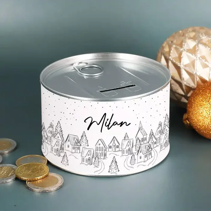 – verschneite Stadt – Spardose zum Aufreißen mit Name