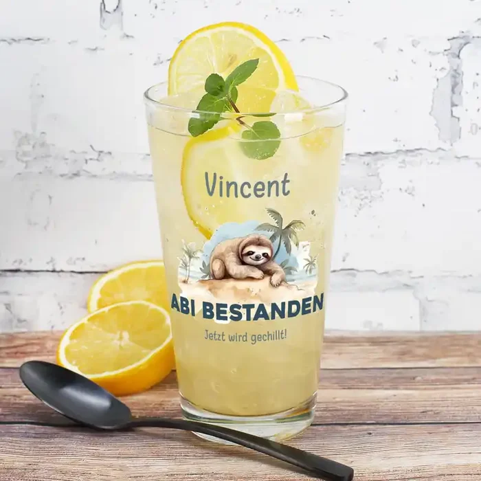 ABI & Schulabschluss – Trinkglas mit Faultier, Name und Wunschtext