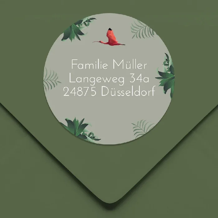 Absenderaufkleber rund mit Flamingo und Dschungel 44mm Ø 20 Stück