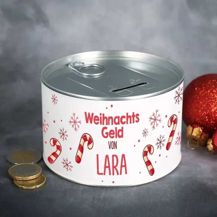 Aufreißspardose zu Weihnachten mit Zuckerstangenmotiv Ihrem Wunschnamen bedruckt