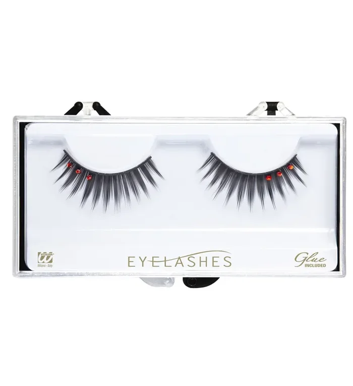 Augenwimpern Schwarz Mit Roten Glänzenden Steinen