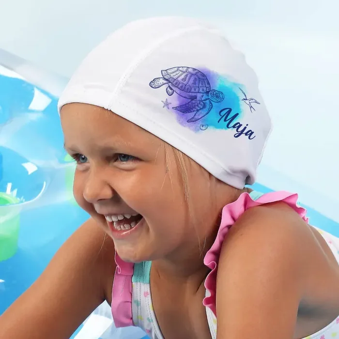 Badekappe für Kinder mit Watercolor-Schildkröte und Ihrem Wunschnamen
