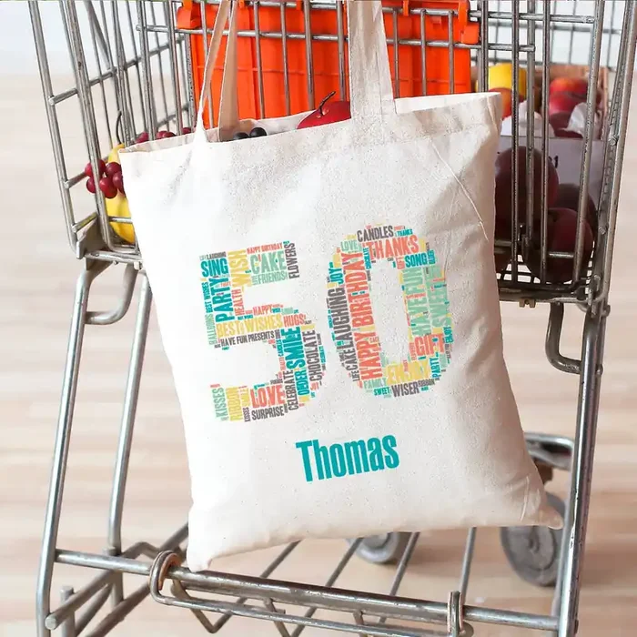 Baumwollbeutel mit Wunschnamen zum 50. Geburtstag