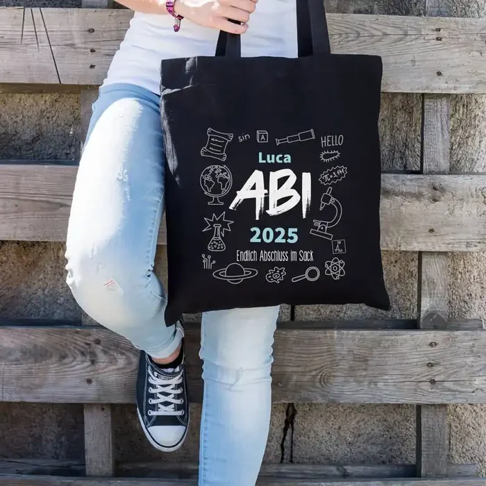 Baumwolltasche zum bestandenen Abitur mit Name, Jahr und Wunschtext