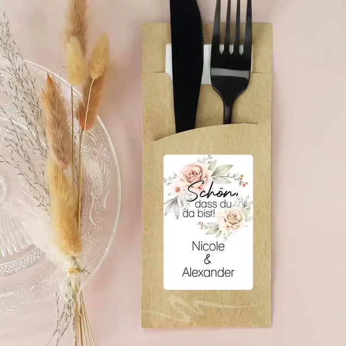 Bedruckte Bestecktaschen im 10-er Set zur Hochzeit – Schön, dass du da bist! – Blumen