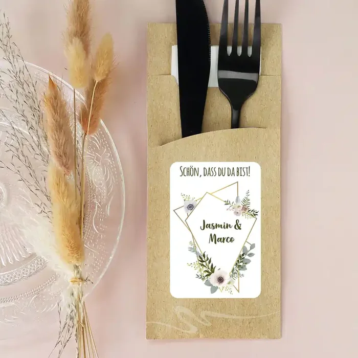 Bedruckte Bestecktaschen im 10-er Set zur Hochzeit – Schön, dass du da bist! – Modern