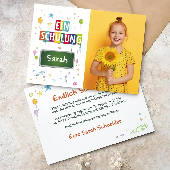 Bunte Einladungskarte zur Einschulung