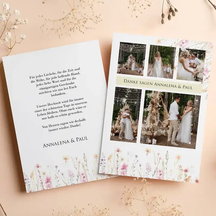Dankekarte zur Hochzeit mit vielen Fotos und Wunschtext