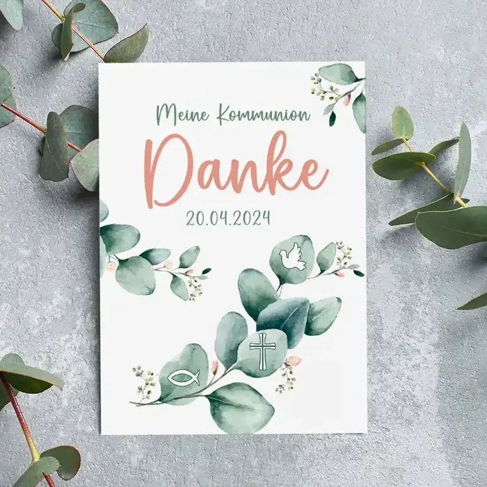 Dankeskarte – Eukalyptus – zur Taufe, Kommunion oder Konfirmation