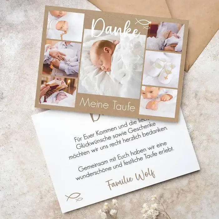 Dankeskarte mit vielen Fotos zur Taufe, Kommunion oder Konfirmation