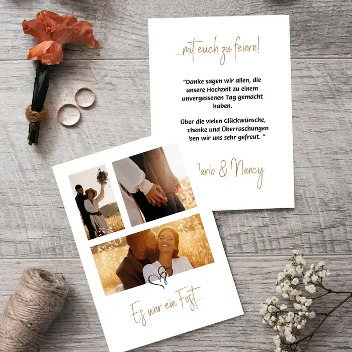 Danksagungskarte zur Hochzeit mit 3 Fotos und Text nach Wunsch
