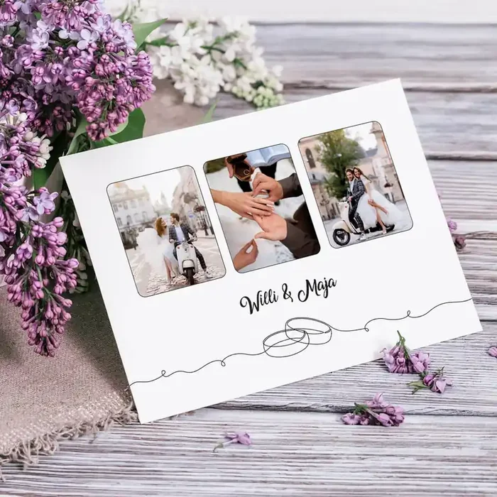 Danksagungskarte zur Hochzeit mit 3 Fotos und Wunschtext