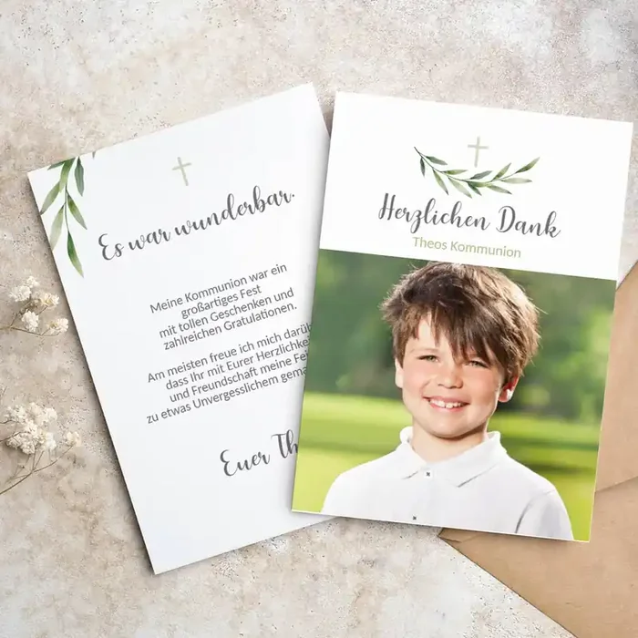 Danksagungskarte zur Taufe, Kommunion, Konfirmation – mit Zweigen