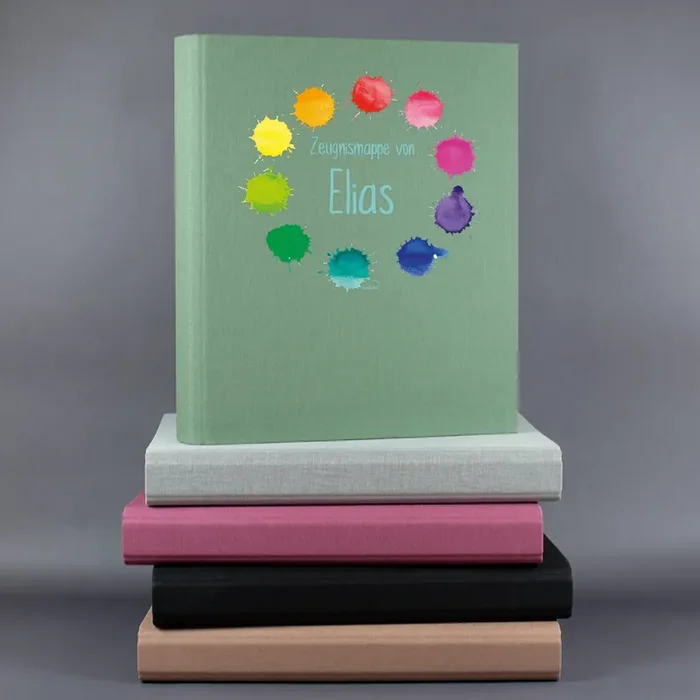 Dokumentenmappe aus Leinen personalisiert mit Name und Wunschtext Farbkleckse-Motiv und Farbauswahl