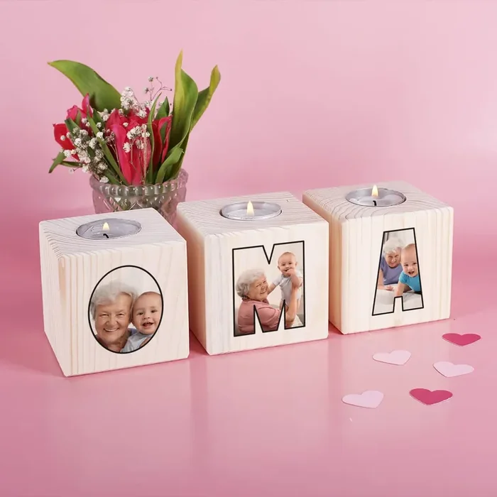 Drei bedruckte Foto-Teelichter aus Holz für die beste Oma