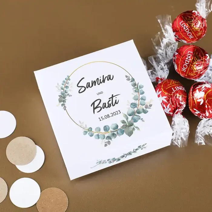 Eine Kleinigkeit zur Hochzeit mit Eukalyptusmotiv- mit 4 Lindorkugeln in Verpackung