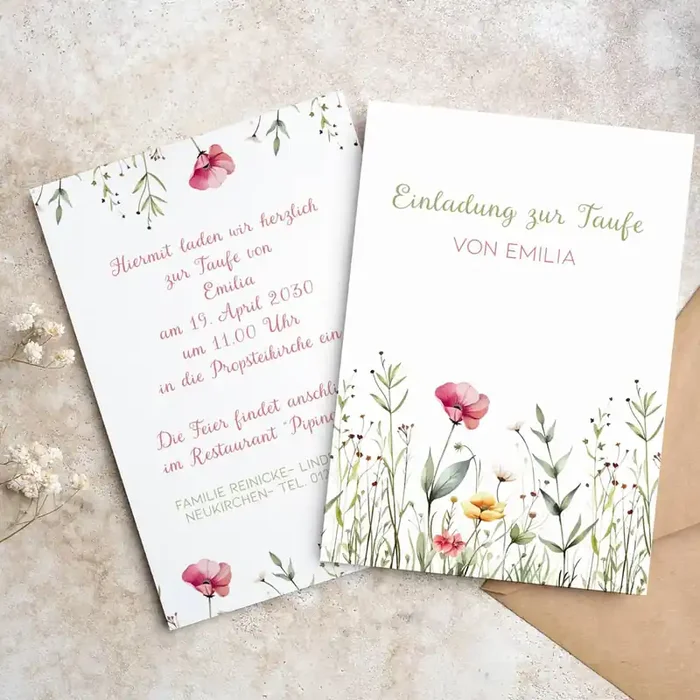 Einladungskarte – Wildblumen – zur Taufe, Kommunion oder Konfirmation