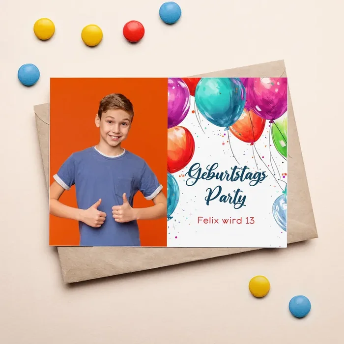 Einladungskarte zum Geburtstag mit Wunschdaten und bunten Luftballons