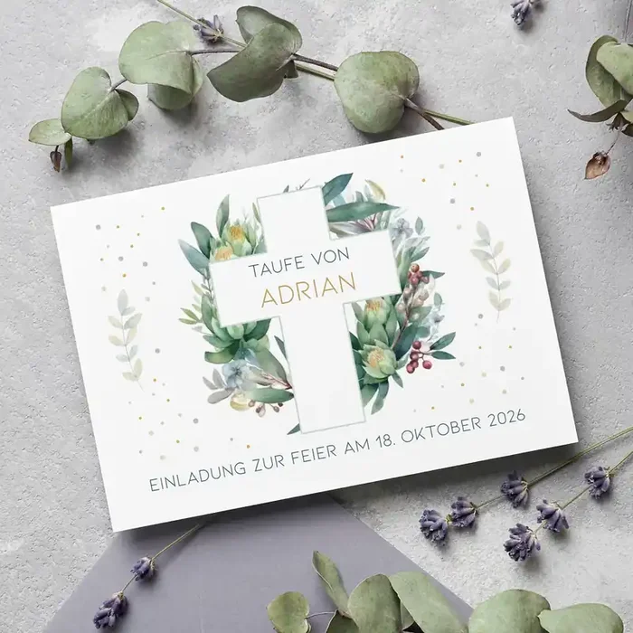 Einladungskarte zur Konfirmation, Kommunion, Taufe mit Wunschdaten Kreuz & Blätterkranz