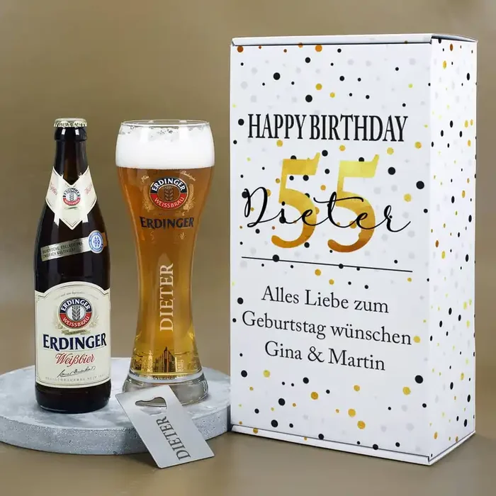 Erdinger Bier-Set zum Geburtstag mit Glas, Bier, Flaschenöffner und Box Sorte wählbar