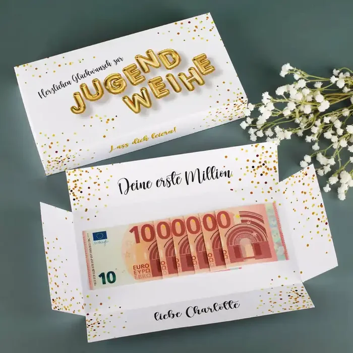 Erste Million – Geldgeschenk zur Jugendweihe, Explosionsbox mit Text