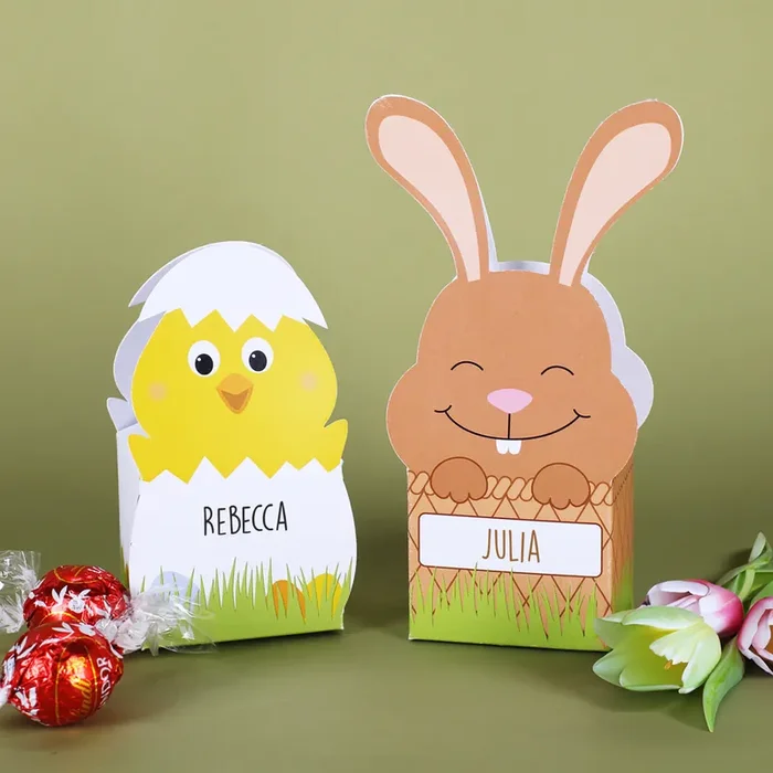 Faltschachtel zu Ostern mit 3 Lindorkugeln und Ihrem Wunschnamen