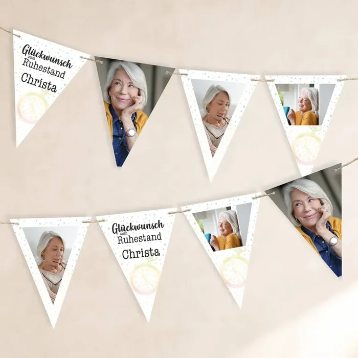 Foto-Girlande – Zeit – zum Ruhestand mit Name und Fotos bedruckt