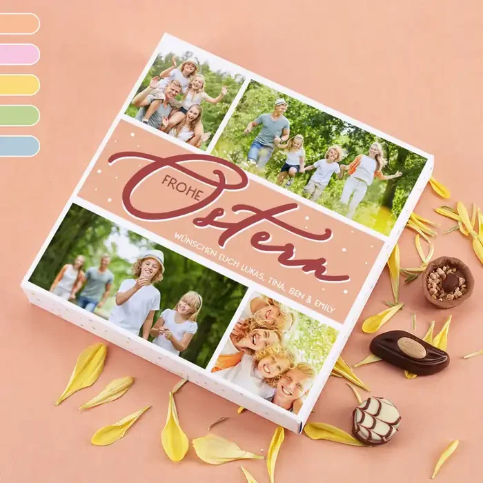 Frohe Ostern – Lindt-Pralinen mit 4 Bildern, Wunschtext und Farbauswahl