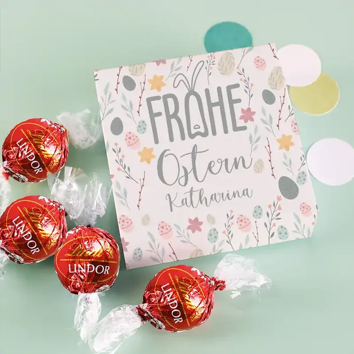 Frohe Ostern Geschenk – 4 Lindorkugeln in pastellfarbener Osterverpackung