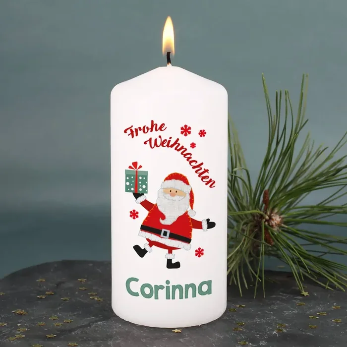 Frohe Weihnachten – Kerze mit Name und Weihnachtsmann