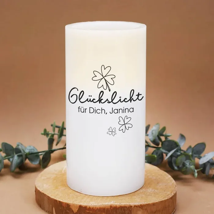 Glückslicht – LED Kerze mit Ihrem Wunschtext