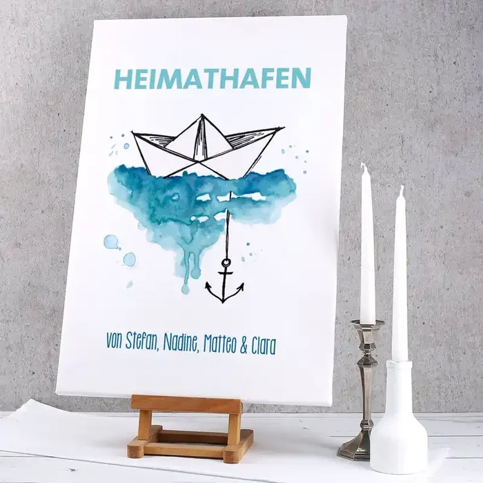 Heimathafen – Leinwand mit Papierschiffchen, Anker und Wunschtext 60x40cm