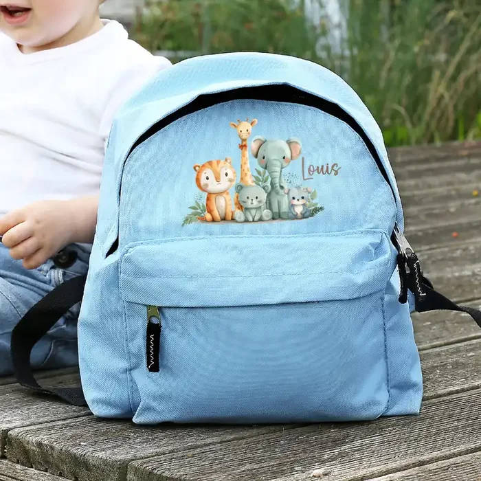 Kinderrucksack mit Tiermotiven in Blau für Jungen Modell Safari