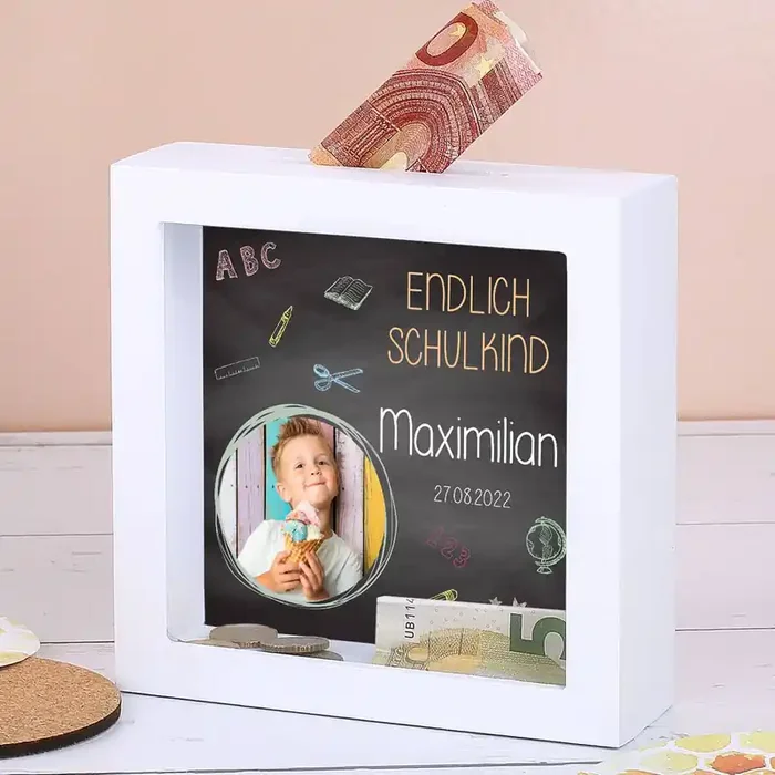 Kleine Bilderrahmen Spardose zum Schulanfang
