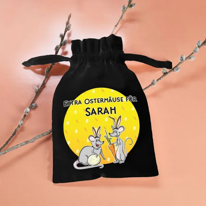Kleiner Stoffsack „Extra Ostermäuse“ mit Ihrem Wunschnamen bedruckt