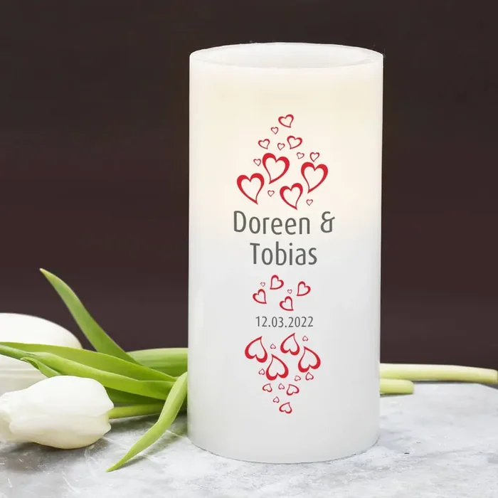 LED Kerze mit Herzen, Namen und Datum bedruckt