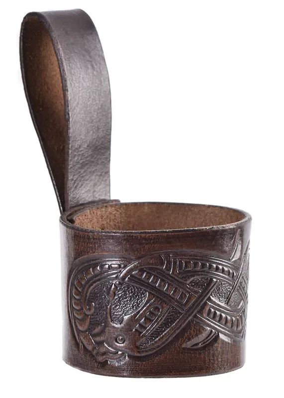 Leder Hornhalter für Trinkhorn, geprägter Drache, Jelling-Stil, dunkelbraun
