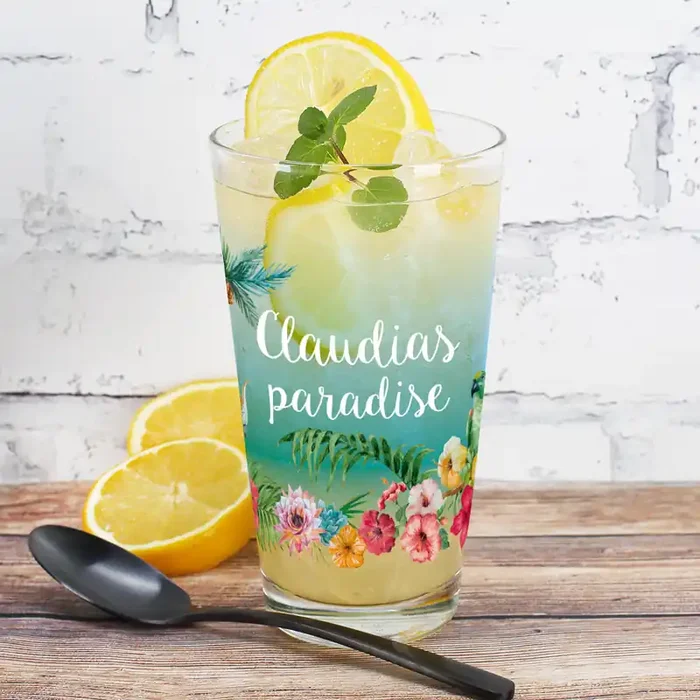 paradiesisches Trinkglas bedruckt mit Wunschname Palmen und Blüten