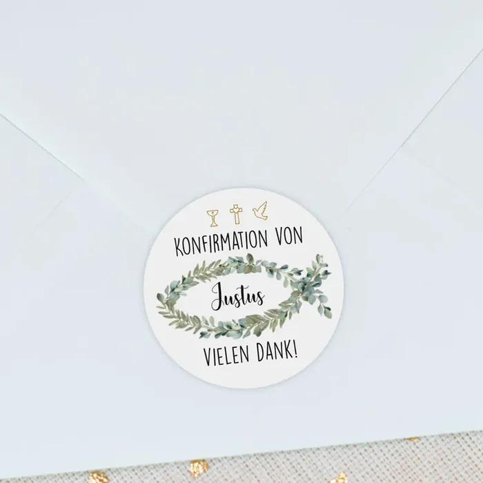 Personalisierbare Aufkleber zur Taufe, Kommunion & Konfirmation Rund Eukalyptus Ichthys