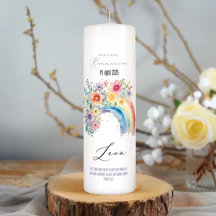 Personalisierte Kerze mit Regenbogen-Motiv Kommunion, Konfirmation, Taufe, Jugendweihe