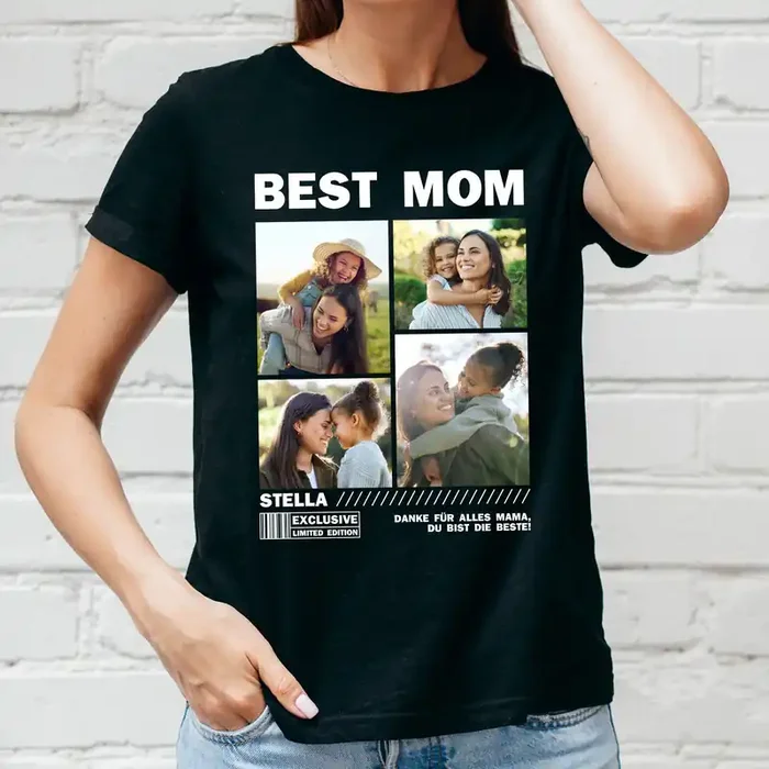 Personalisiertes Damen T-Shirt mit Fotocollage für Mama, Oma, Freundin & mehr Schwarz Muttertagsgeschenk