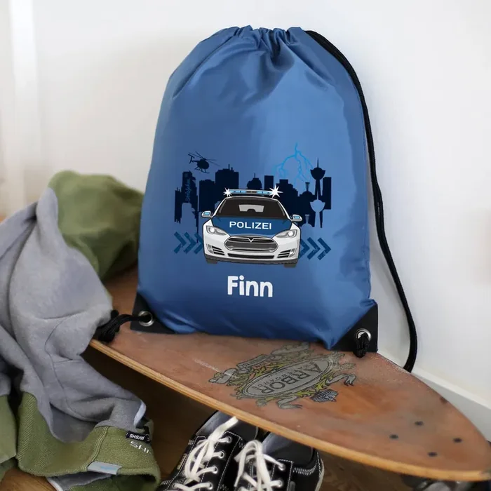 Polizei Sportbeutel mit Streifenwagen und Name als Einschulungsgeschenk