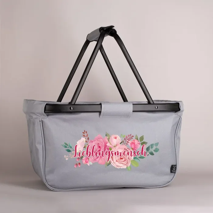 Praktischer Einkaufskorb mit Blumenbouquet und individuellem Aufdruck