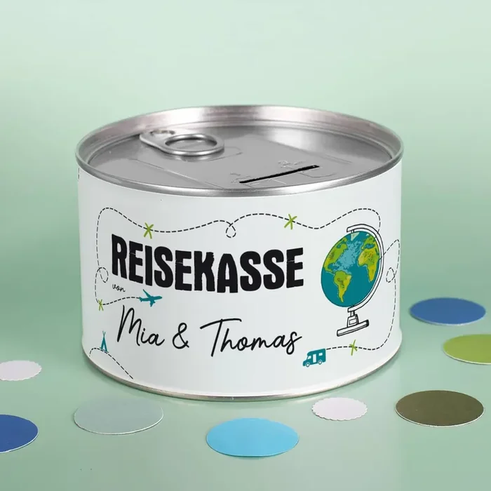 Reisekasse – Spardose zum Aufreißen mit Namensaufdruck