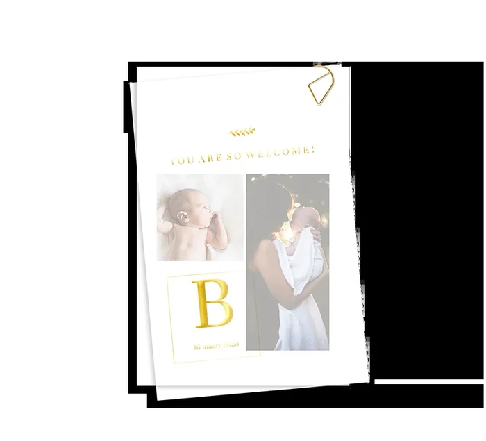 Supermoderne Geburtsankündigungskarte mit Fotos und Goldfolie