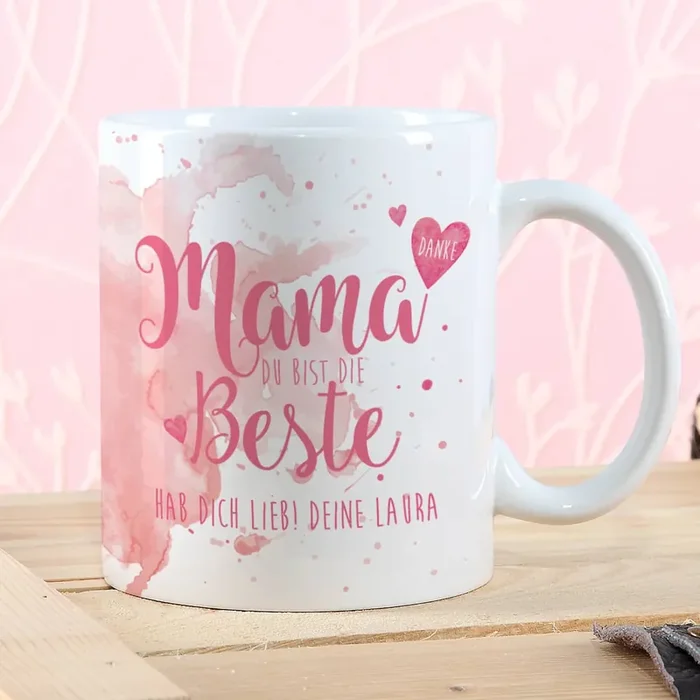 Tasse „Mama Du bist die Beste“ mit Wunschtext in verschiedenen Farben