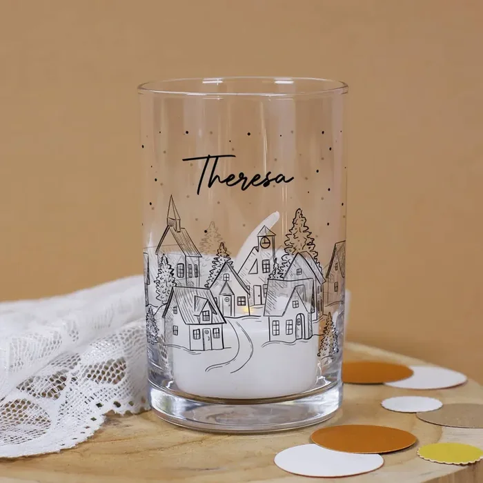 Teelichthalter mit verschneiter Stadt und Wunschname