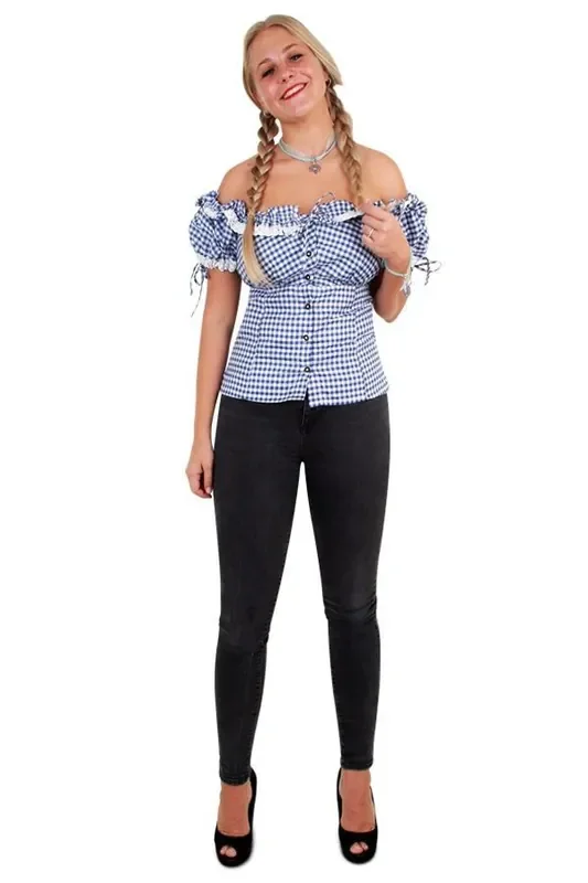 Tiroler Bluse Helga Blauw Witz Blockiert Damen