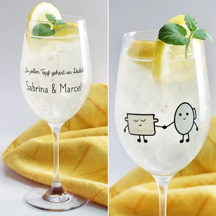 Topf und Deckel Weinglas mit Namensaufdruck für Verliebte