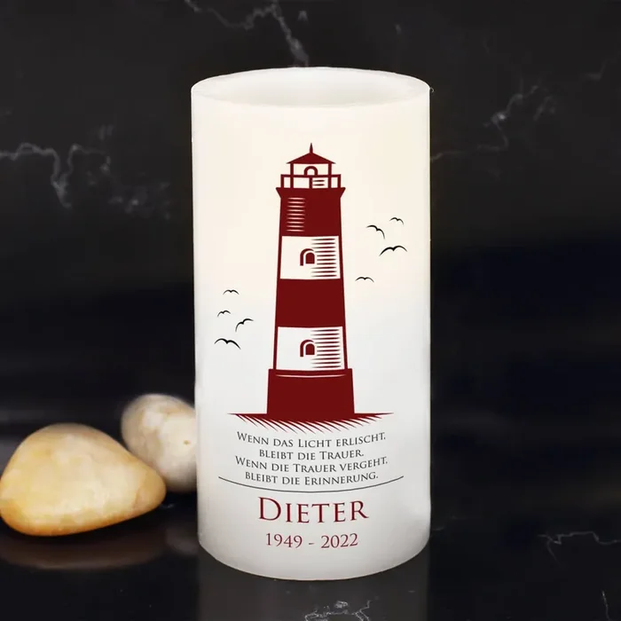 Trauerkerze LED mit Leuchtturm, Name und Datum bedruckt